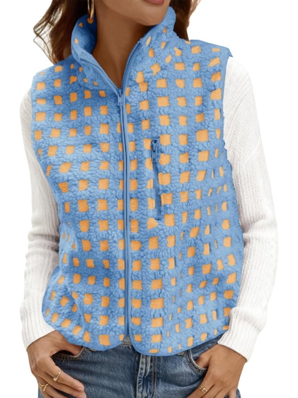 Cozy Checkered Sherpa Vest | Fleece Zip-Up Sleeveless Jacket for Women